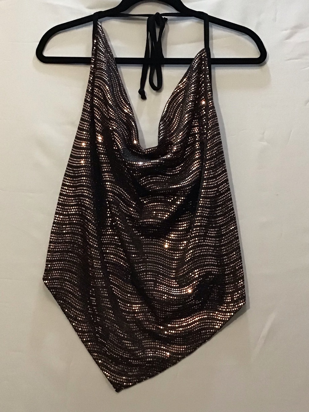 260 Halter Top w/ Dramatic Cowl neckline Pointed V Shape  with Gold Sequin Trim